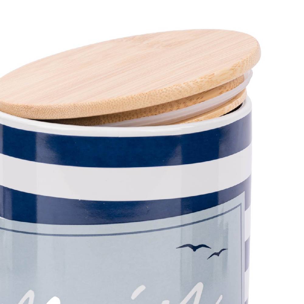 Schöner Leben Vorratsdose aus Porzellan mit Bambusdeckel Moin Möwen Streifen blau weiß 11x16cm von La Vida Sonderangebot der Fabrik