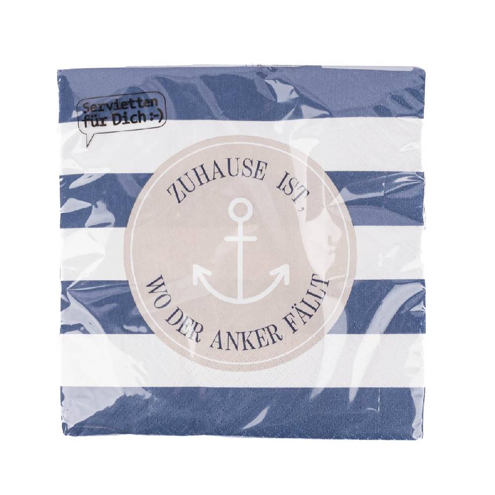Schöner Leben Servietten Zuhause ist, wo der Anker fällt Streifen Anker blau beige weiß 33x33cm 3lagig 20 Stück von La Vida