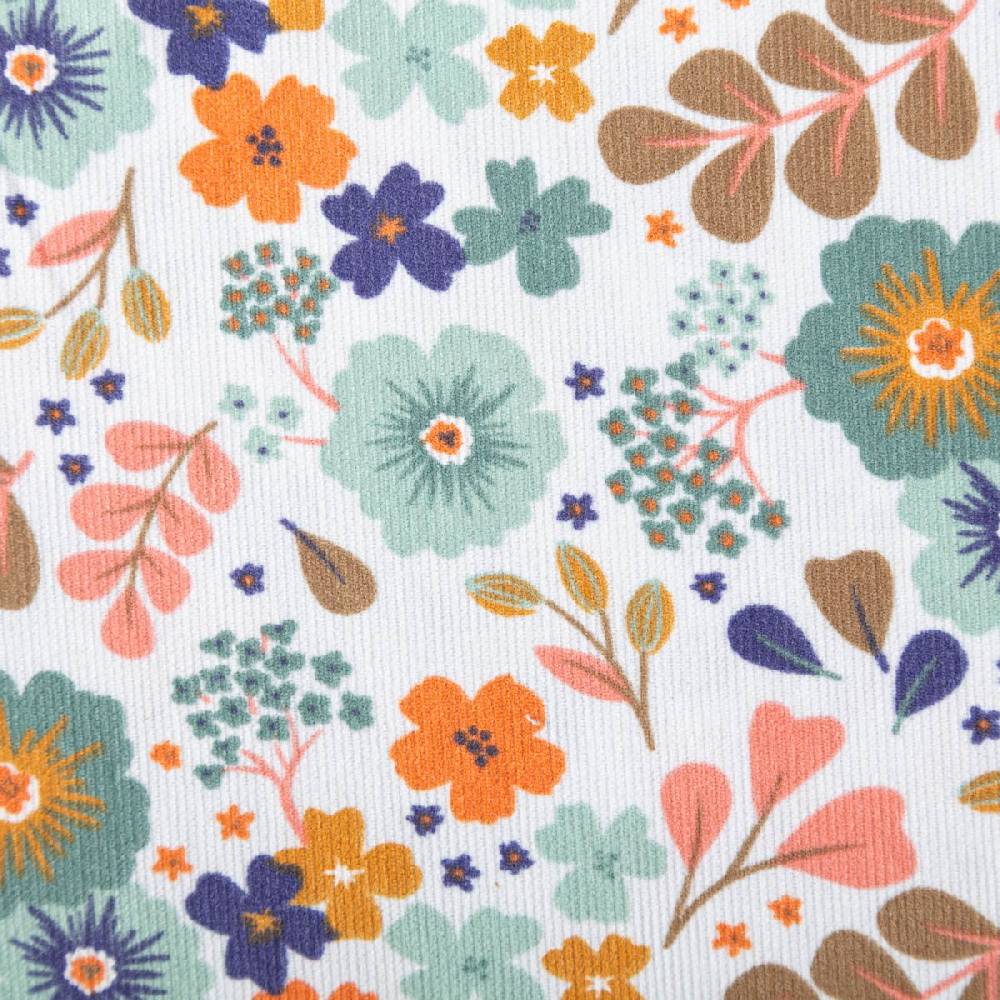 Schöner Leben Cord Stoff Feincord Blumen Blätter mint grün blau orange 1,4m Breite