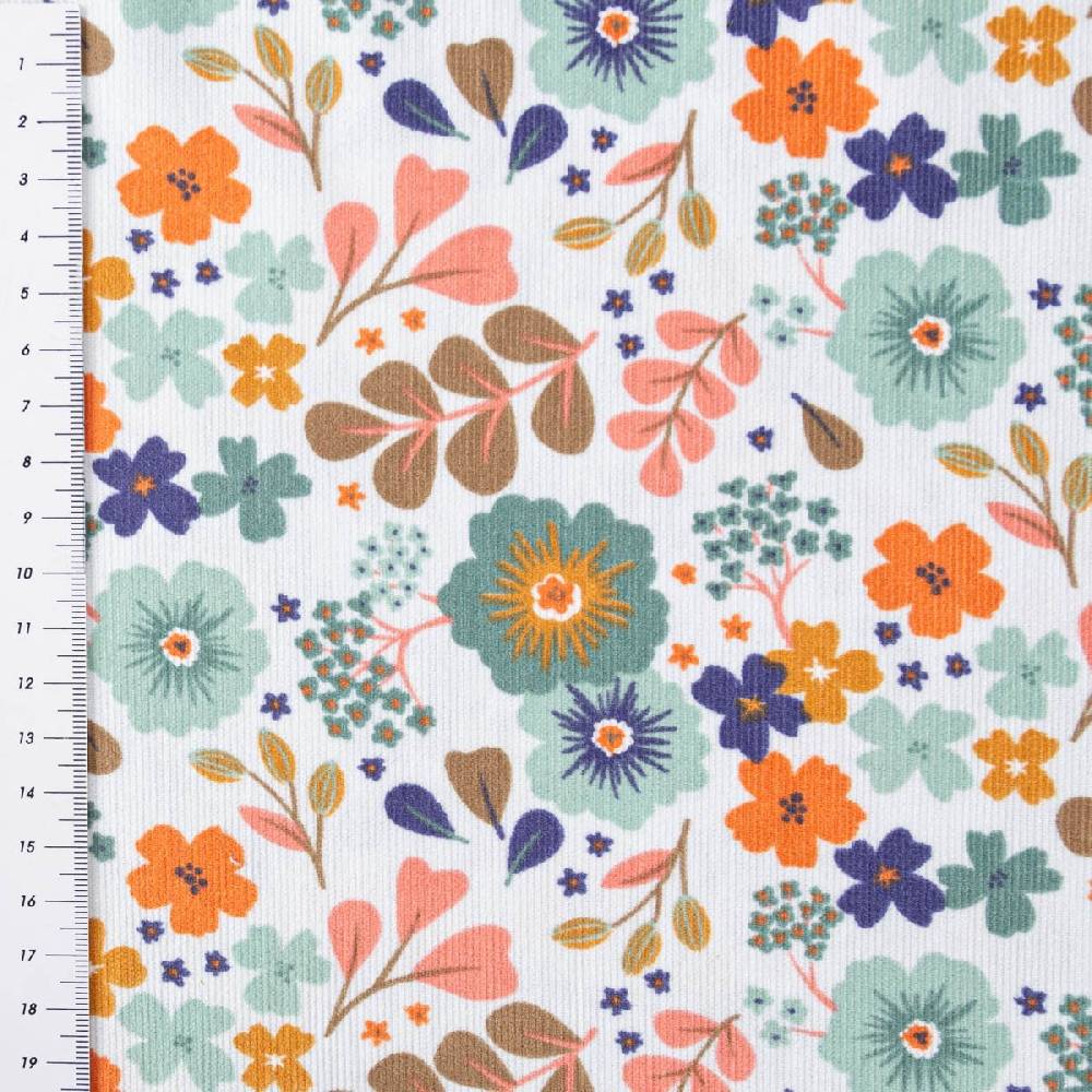 Schöner Leben Cord Stoff Feincord Blumen Blätter mint grün blau orange 1,4m Breite Hotsell
