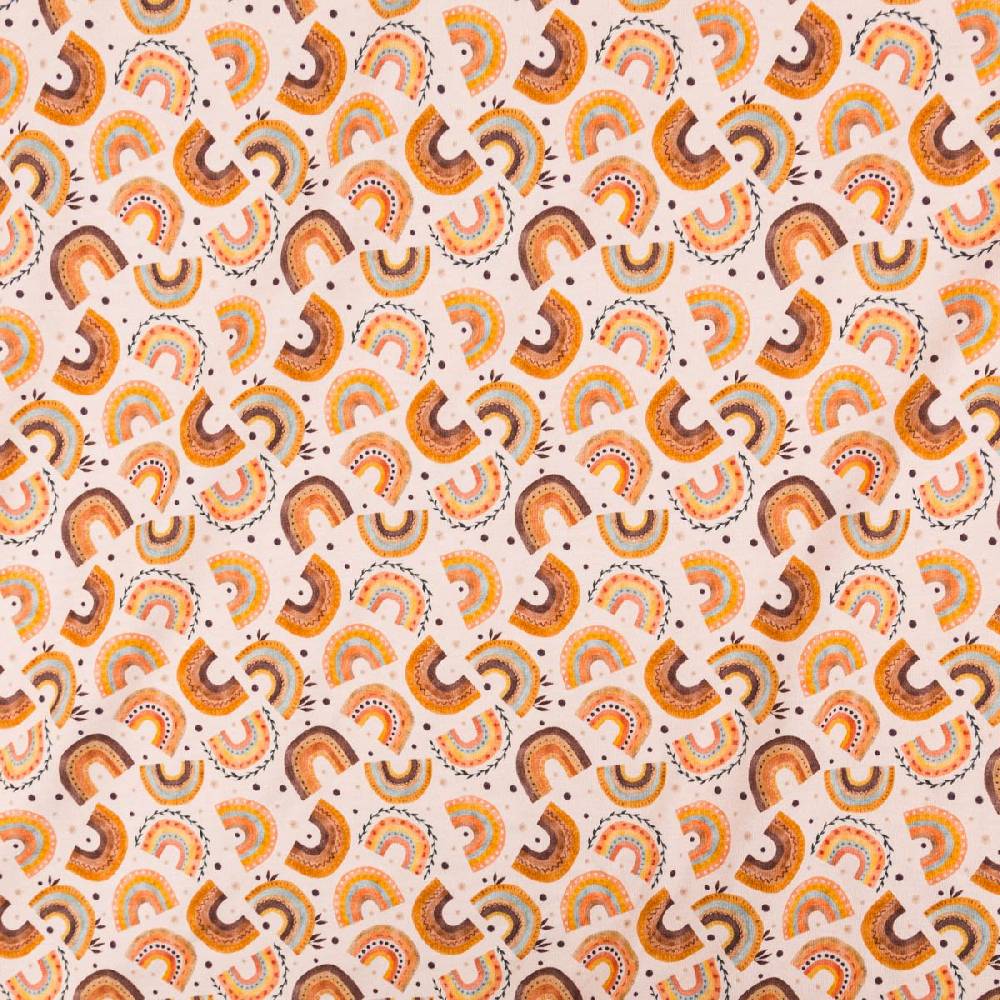 Schöner Leben Jersey Stoff Digitaldruck Aquarell Regebogen Punkte Herzen rosa orange 1,4m Breite im Angebot