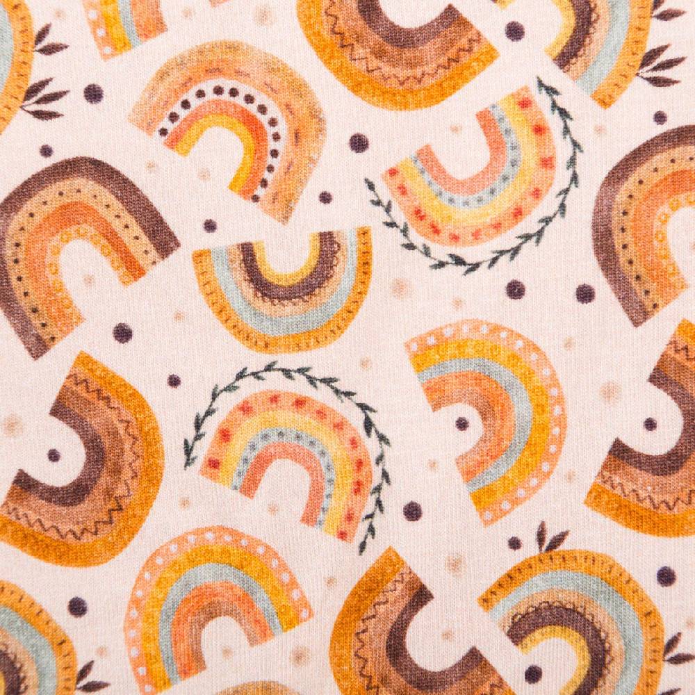 Schöner Leben Jersey Stoff Digitaldruck Aquarell Regebogen Punkte Herzen rosa orange 1,4m Breite im Angebot