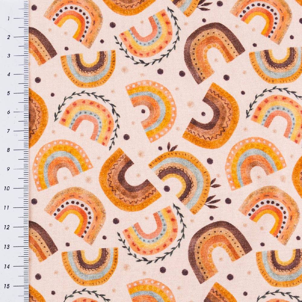 Schöner Leben Jersey Stoff Digitaldruck Aquarell Regebogen Punkte Herzen rosa orange 1,4m Breite im Angebot