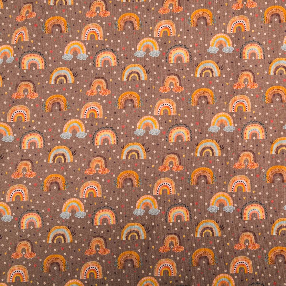 Schöner Leben Jersey Stoff Digitaldruck Aquarell Regebogen Punkte Herzen braun orange 1,4m Breite Schlussverkauf