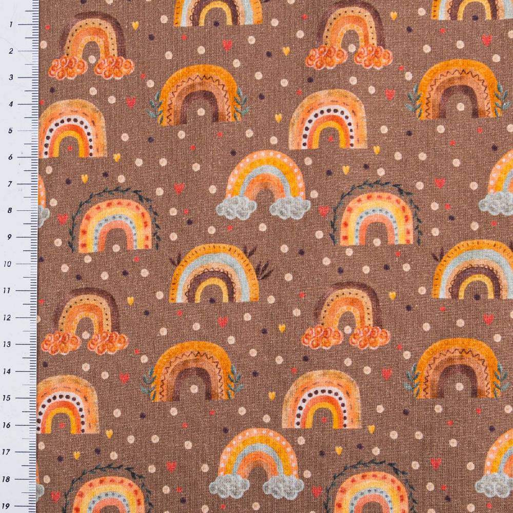 Schöner Leben Jersey Stoff Digitaldruck Aquarell Regebogen Punkte Herzen braun orange 1,4m Breite Schlussverkauf