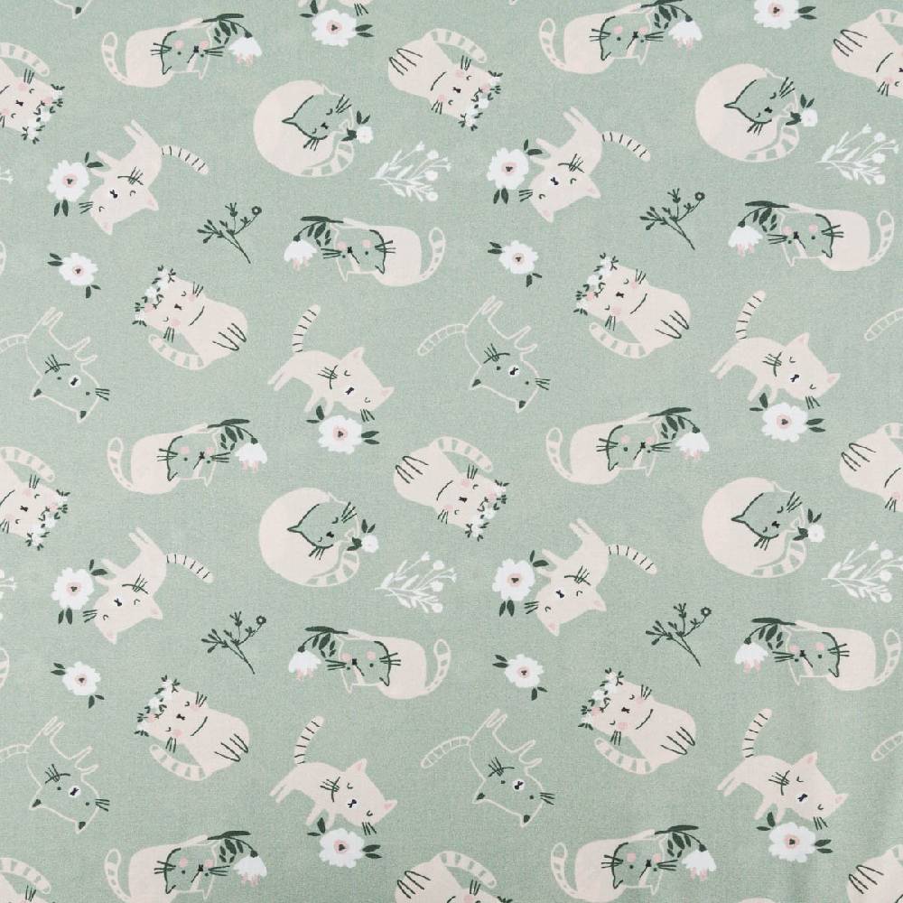 Schöner Leben Baumwollstoff Popeline Fine Poplin Digitaldruck CATS Katzen Blumen mint grün beige 1,45m Breite Günstiger Verkauf