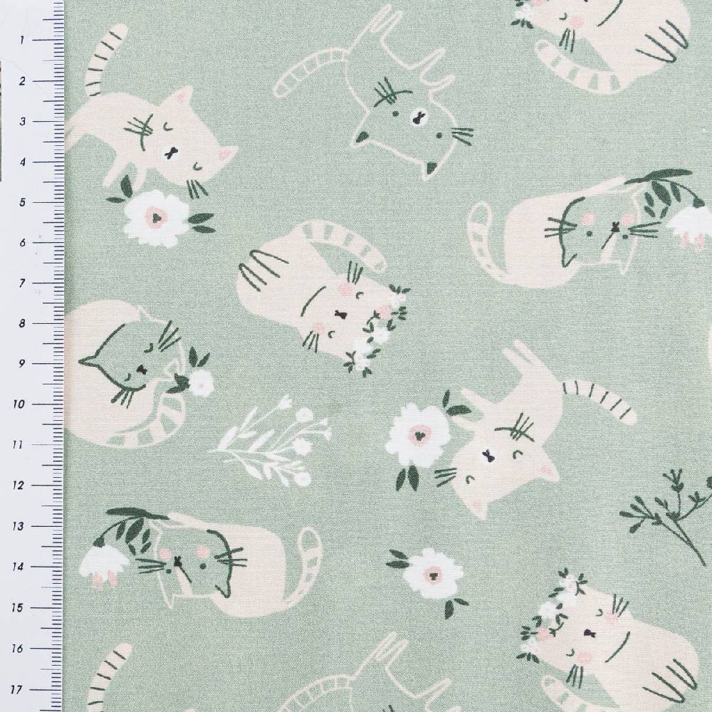 Schöner Leben Baumwollstoff Popeline Fine Poplin Digitaldruck CATS Katzen Blumen mint grün beige 1,45m Breite Günstiger Verkauf