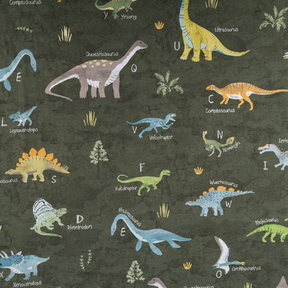 Schöner Leben Baumwollstoff Popeline Fine Poplin Digitaldruck Dinosaurier mit Namen grün bunt 1,45m Breite Fabrikverkauf