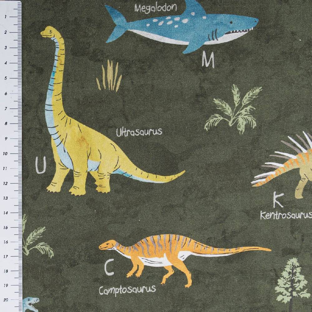 Schöner Leben Baumwollstoff Popeline Fine Poplin Digitaldruck Dinosaurier mit Namen grün bunt 1,45m Breite Fabrikverkauf