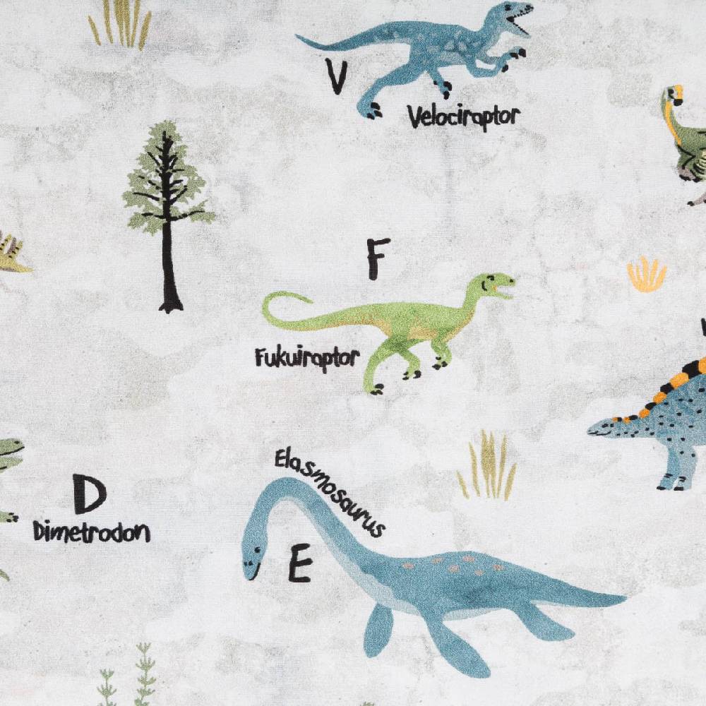 Schöner Leben Baumwollstoff Popeline Fine Poplin Digitaldruck Dinosaurier mit Namen offweiß bunt 1,45m Breite