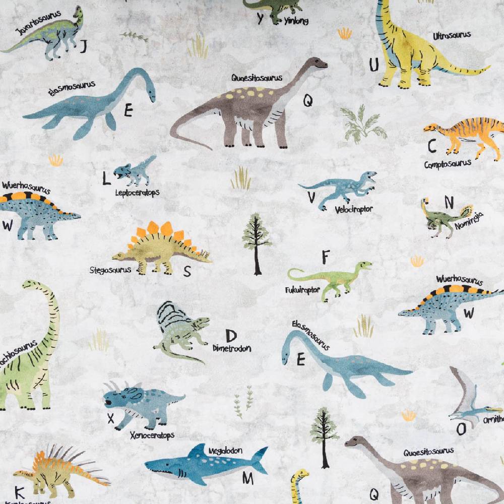 Schöner Leben Baumwollstoff Popeline Fine Poplin Digitaldruck Dinosaurier mit Namen offweiß bunt 1,45m Breite Meist gekauft