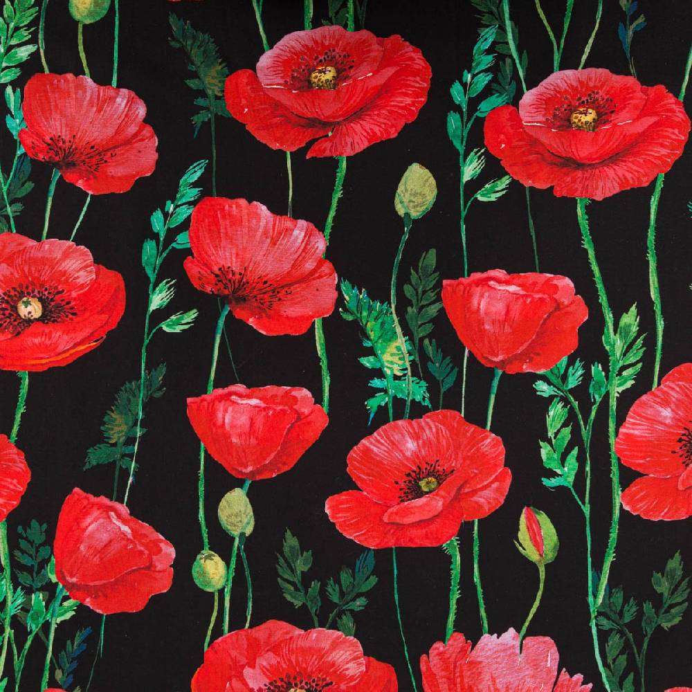 Schöner Leben Baumwollstoff Popeline Fine Poplin Digitaldruck POPPY FLOWERS Mohnblumen schwarz rot 1,45m Breite Blitzverkäufe