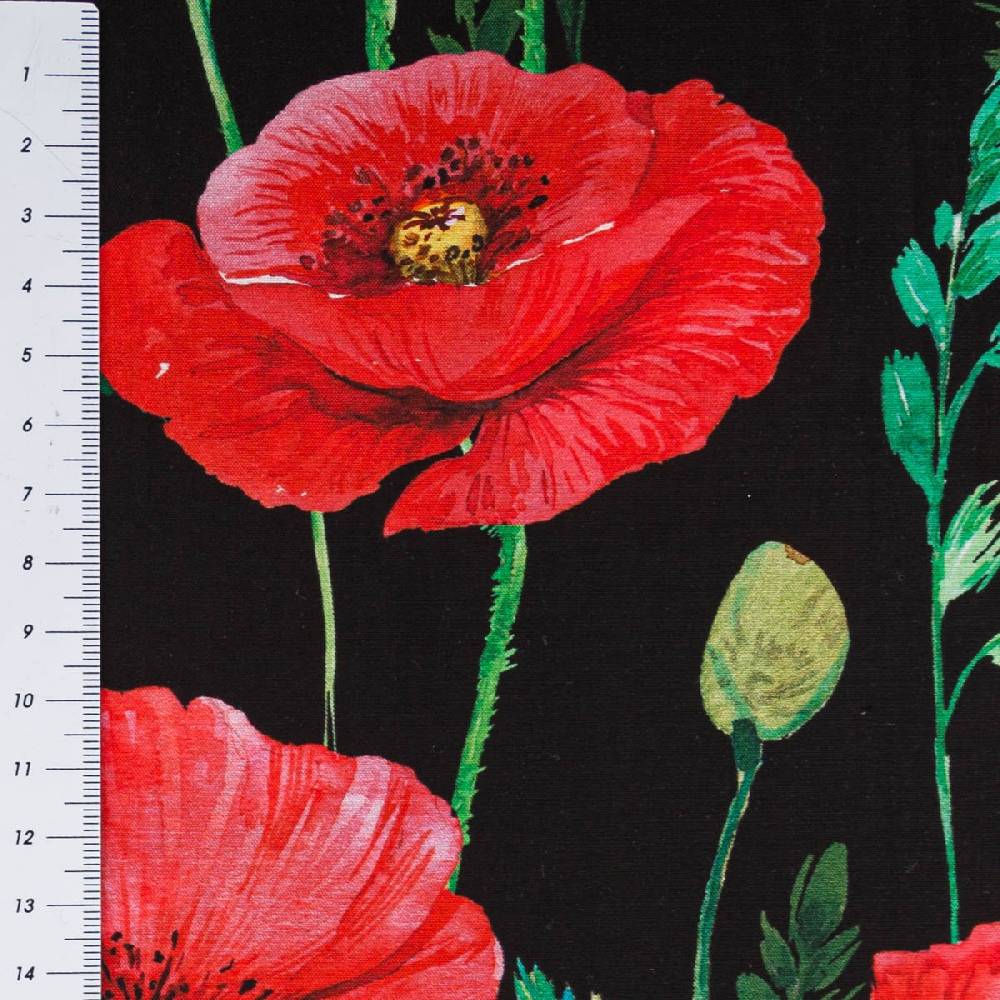 Schöner Leben Baumwollstoff Popeline Fine Poplin Digitaldruck POPPY FLOWERS Mohnblumen schwarz rot 1,45m Breite Blitzverkäufe