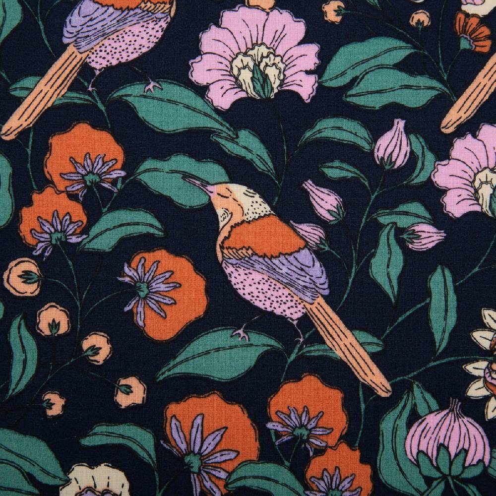Schöner Leben Tischdeckenstoff abwaschbar Baumwollstoff beschichtet FLOWERS Blumen Vögel blau bunt 1,45m Breite
