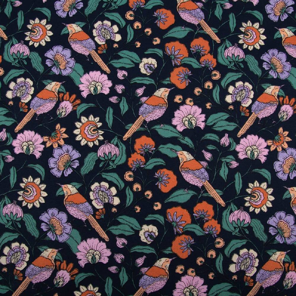 Schöner Leben Tischdeckenstoff abwaschbar Baumwollstoff beschichtet FLOWERS Blumen Vögel blau bunt 1,45m Breite Fabrik Onlineshop