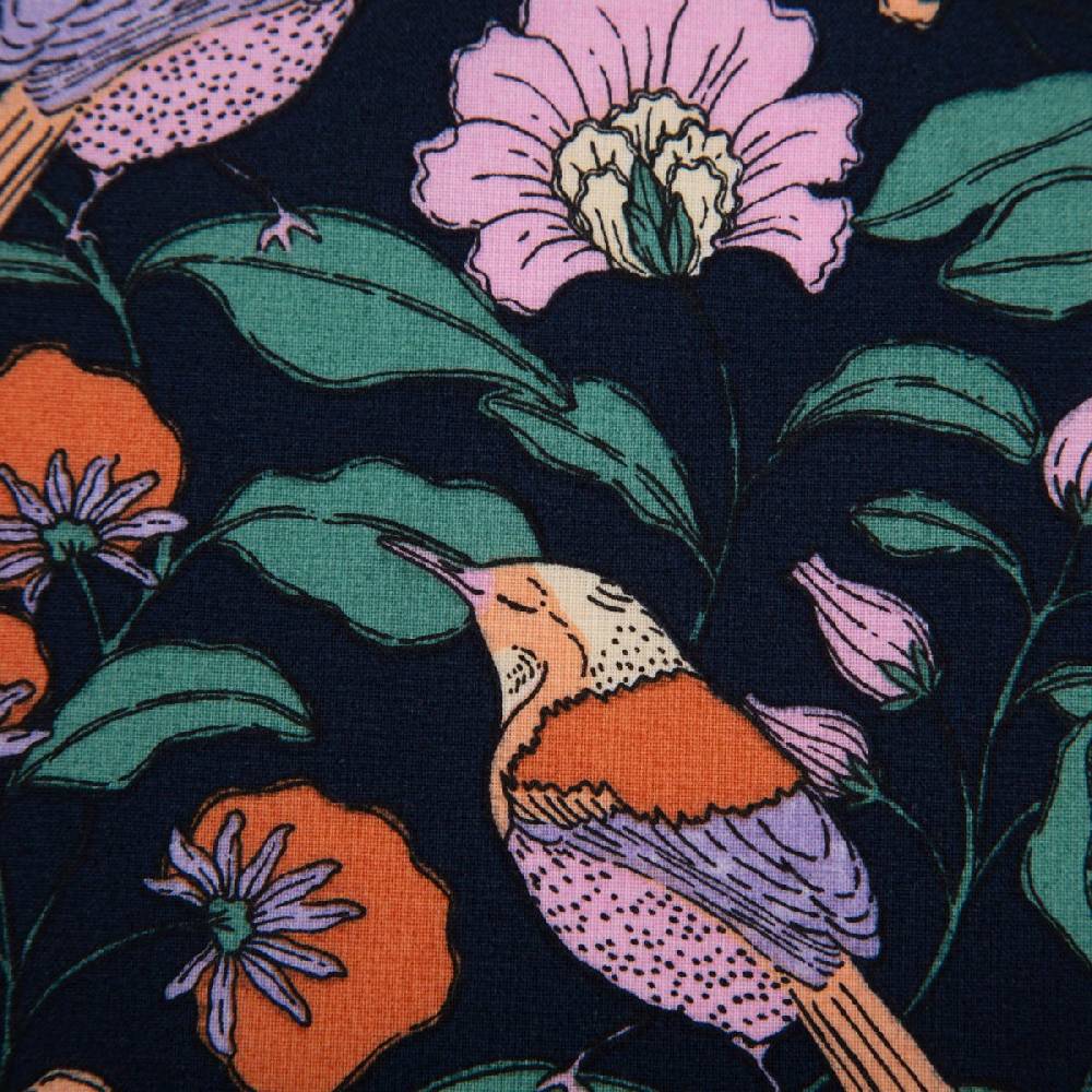 Schöner Leben Tischdeckenstoff abwaschbar Baumwollstoff beschichtet FLOWERS Blumen Vögel blau bunt 1,45m Breite Fabrik Onlineshop