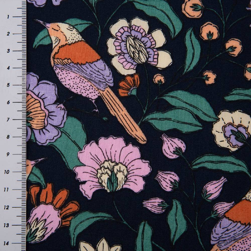 Schöner Leben Tischdeckenstoff abwaschbar Baumwollstoff beschichtet FLOWERS Blumen Vögel blau bunt 1,45m Breite Fabrik Onlineshop