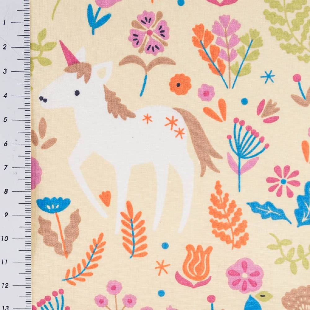 Schöner Leben Tischdeckenstoff abwaschbar Baumwollstoff beschichtet JOLICORN Einhorn Blumen gelb bunt 1,45m Breite Großer Ausverkauf
