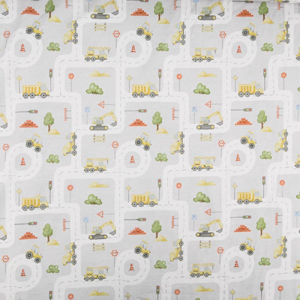Schöner Leben Jersey Stoff Digitaldruck Aquarell Straße Baufahrzeuge grau bunt 1,4m Breite Zeitlich begrenztes Angebot