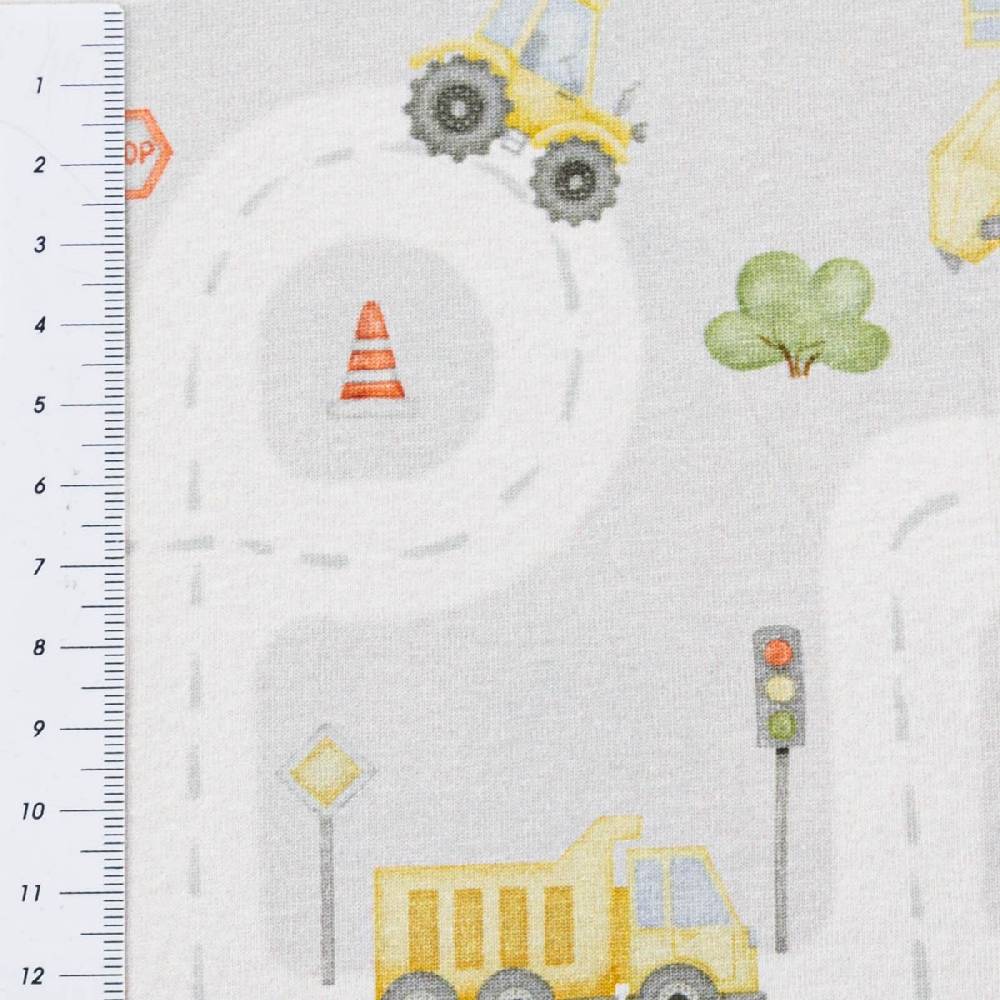 Schöner Leben Jersey Stoff Digitaldruck Aquarell Straße Baufahrzeuge grau bunt 1,4m Breite Zeitlich begrenztes Angebot