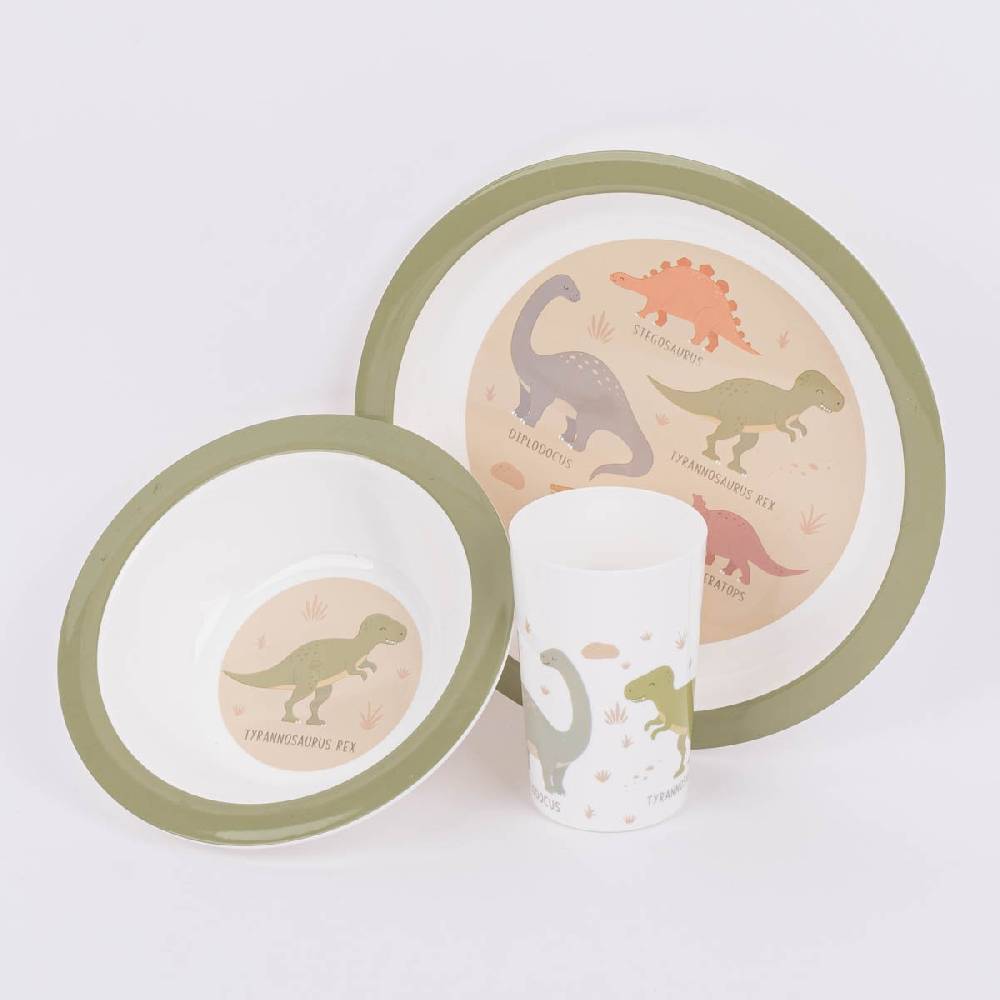 Schöner Leben Kinder Geschirrset 3-tlg. Dinosaurier aus recycelten PET-Flaschen weiß grün 26,5x6,5x24,5cm von Sass & Belle