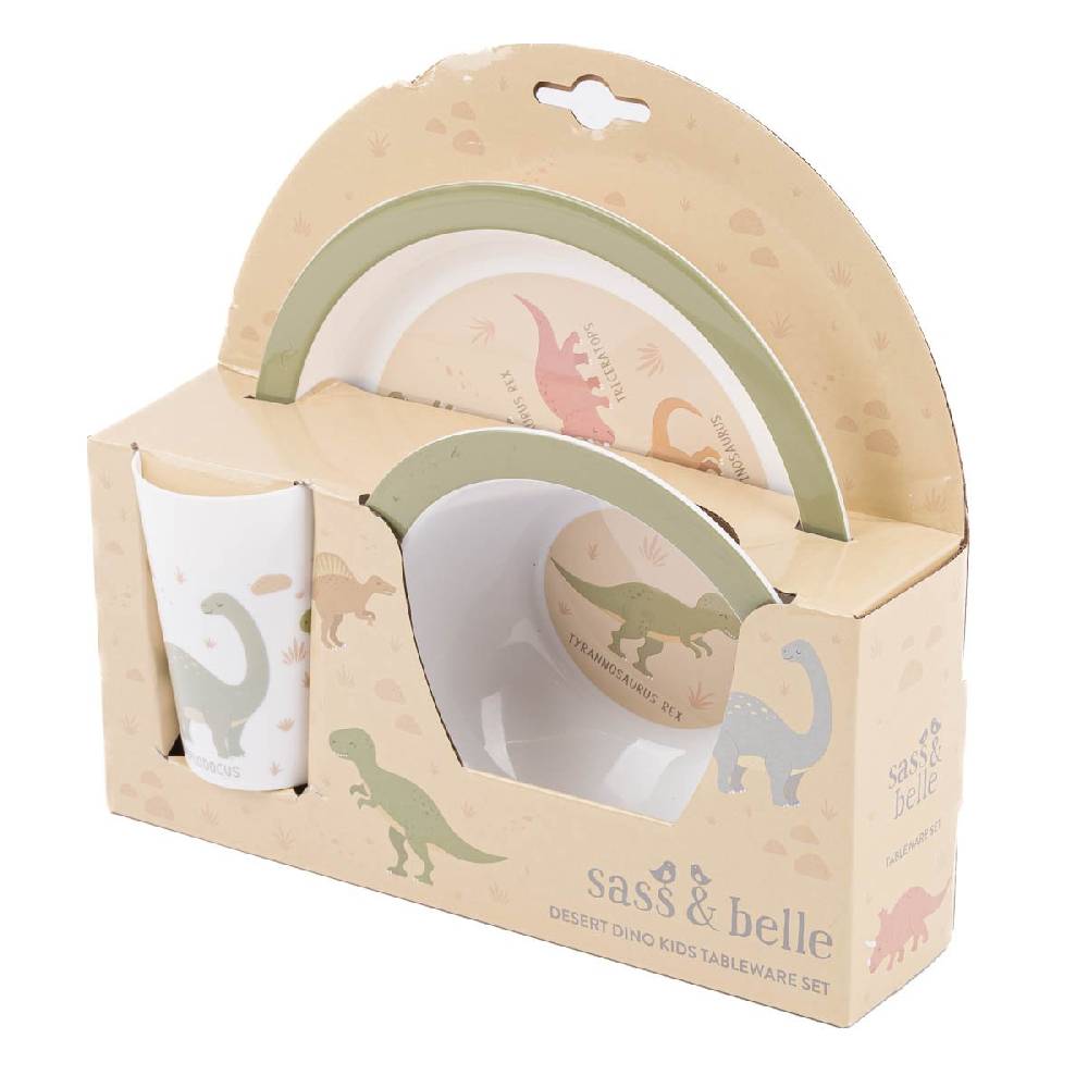 Schöner Leben Kinder Geschirrset 3-tlg. Dinosaurier aus recycelten PET-Flaschen weiß grün 26,5x6,5x24,5cm von Sass & Belle Sonderangebote