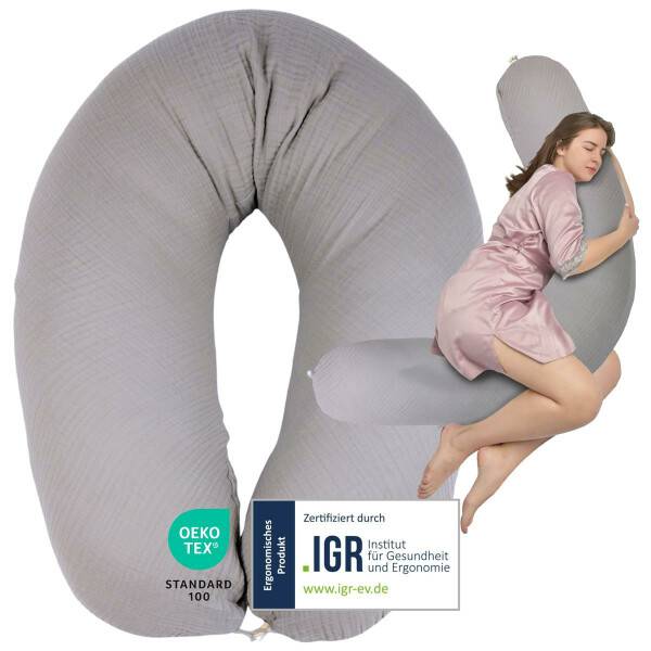 Sei Design Stillkissen 190x30 XXL | Füllung Faserbällchen | Bezug 100% BIO-Baumwolle | Musselin taupe Günstiger Verkauf