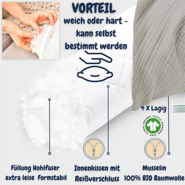 Sei Design Stillkissen 190x30 XXL | Füllung Faserbällchen | Bezug 100% BIO-Baumwolle | Musselin taupe Günstiger Verkauf