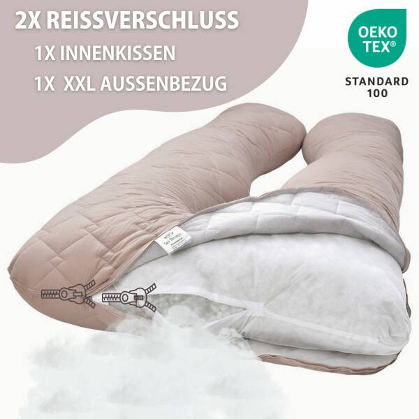 Sei Design Schwangerschaftskissen Bodypillow | Bezug gepolstert und gesteppt mit Reißverschluss waschbar 140 x 75 x 20 cm beige Outlet