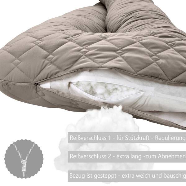 Sei Design Schwangerschaftskissen Bodypillow | Bezug gepolstert und gesteppt mit Reißverschluss waschbar 140 x 75 x 20 cm taupe Auslauf