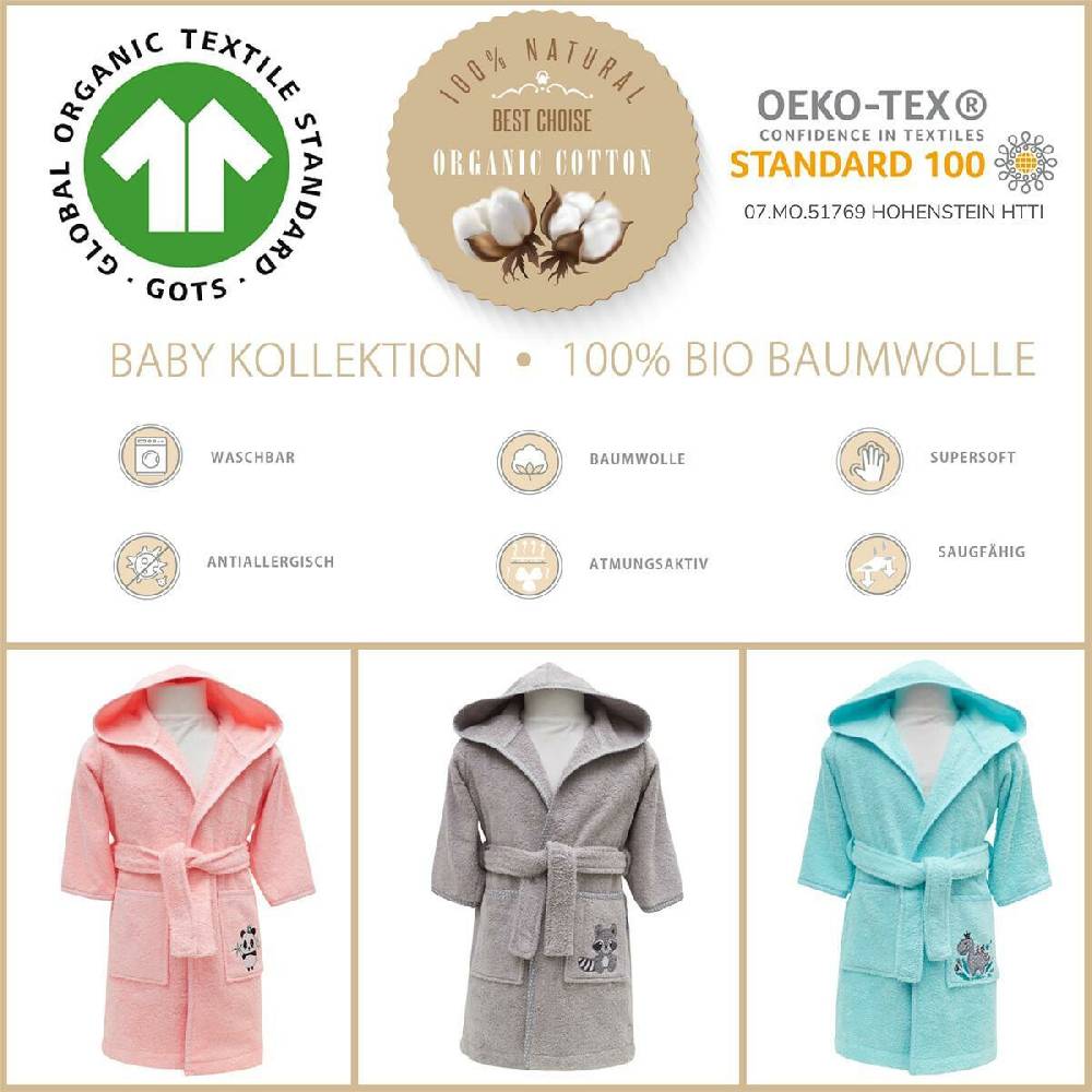 Sei Design Frottee Baby Bademantel | 100% BIO Baumwolle | 6+ bis 3-4 Jahre | Kinder Bademantel