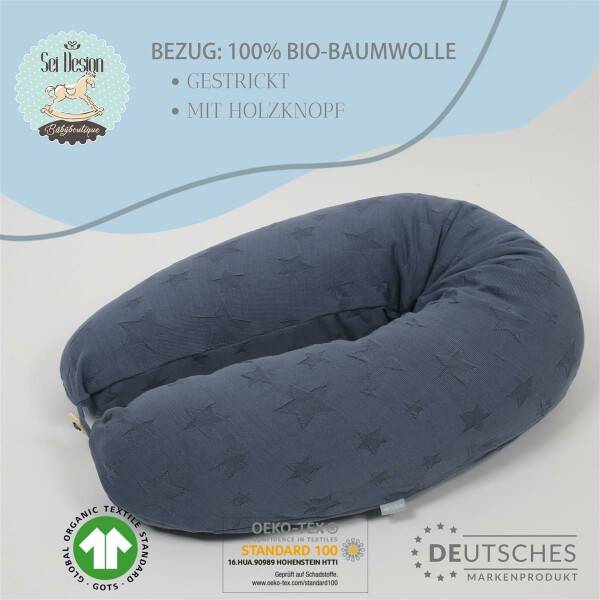Sei Design Stillkissen 100% Bio Baumwolle 190x30 cm | Füllung EPS Mikroperlen - Bezug gestrickt Denim Hotsell