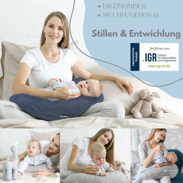 Sei Design Stillkissen 100% Bio Baumwolle 190x30 cm | Füllung EPS Mikroperlen - Bezug gestrickt Denim Hotsell