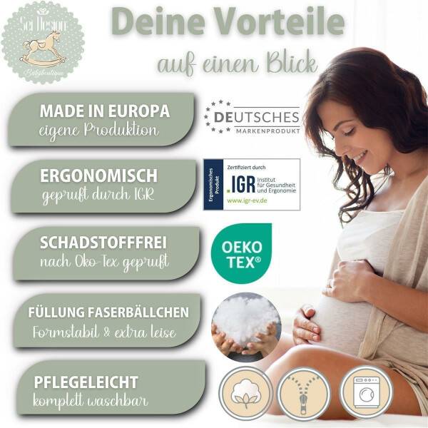 Sei Design Stillkissen 170x30 cm | Füllung Faserbällchen | Bezug 100% Baumwolle | Happy Baby Auslauf