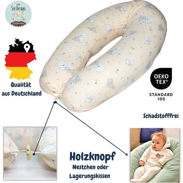 Sei Design Stillkissen 190x30 XXL | Füllung EPS Mikroperlen | Bezug 100% BIO-Baumwolle | Musselin Bärchen Meist gekauft