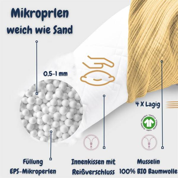 Sei Design Stillkissen 190x30 XXL | Füllung EPS Mikroperlen | Bezug 100% BIO-Baumwolle | Musselin Bärchen Blitzverkäufe