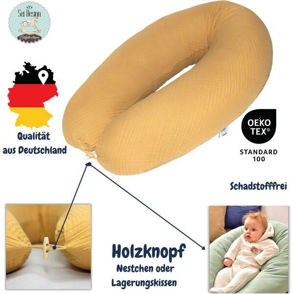 Sei Design Stillkissen 190x30 XXL | Füllung EPS Mikroperlen | Bezug 100% BIO-Baumwolle | Musselin Bärchen Blitzverkäufe