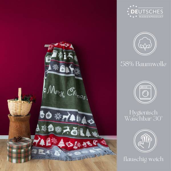 Sei Design Weihnachts Kuscheldecke 150x200 – Zweiseitige Fleece Decke mit Weihnachtlichen Wintermotiven Auslauf