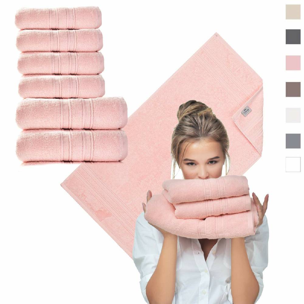 Sei Design Handtuch Set 100% Baumwolle | 4 Stück 50x100 + 2 Stück 70x140 | Luxus Frottee AQUA FIBRO Pastel-Rosa