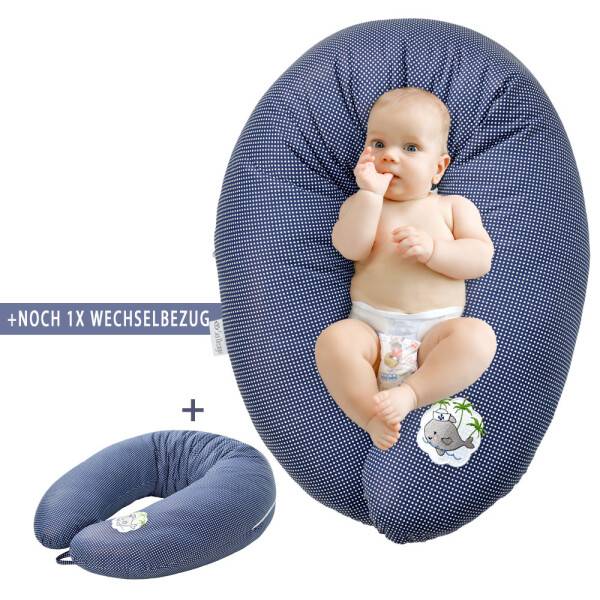 Sei Design SET Stillkissen 170x30 + 1x Extra Bezug | Füllung EPS Mikroperlen | Jeansblau-Babywal Pünktchen Auslauf