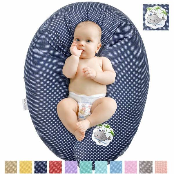 Sei Design SET Stillkissen 170x30 + 1x Extra Bezug | Füllung EPS Mikroperlen | Jeansblau-Babywal Pünktchen Auslauf