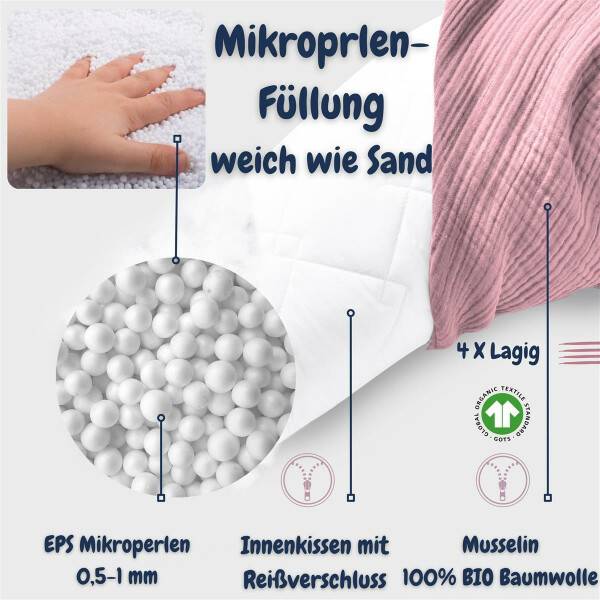Sei Design Stillkissen 190x30 XXL | Füllung EPS Mikroperlen | Bezug 100% BIO-Baumwolle | Musselin Berry Blush Angebote