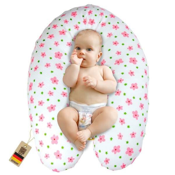 Sei Design Stillkissen 190x30 XXL | Füllung EPS Mikroperlen | Bezug 100% BIO-Baumwolle | Musselin Blume Rosa Hotsell
