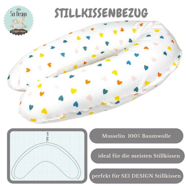Sei Design Stillkissen 190x30 XXL | Füllung EPS Mikroperlen | Bezug 100% BIO-Baumwolle | Musselin Herzchen im Angebot