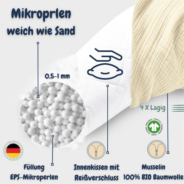 Sei Design Stillkissen 190x30 XXL | Füllung EPS Mikroperlen | Bezug 100% BIO-Baumwolle | Musselin Natur Heißer Verkauf