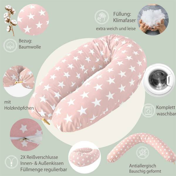 Sei Design Stillkissen 190x30 XXL | Füllung Faserbällchen | Bezug 100% Baumwolle | Sterne-Rosa Holzknopf Outlet