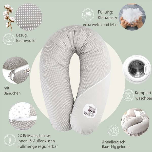 Sei Design Stillkissen 190x30 XXL | Füllung Faserbällchen | Bezug 100% Baumwolle | Taupe-Waschbär Pünktchen Auslauf