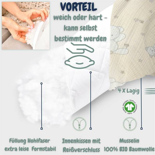 Sei Design Stillkissen 190x30 XXL | Füllung Faserbällchen | Bezug 100% BIO-Baumwolle | Musselin Bärchen Verkauf