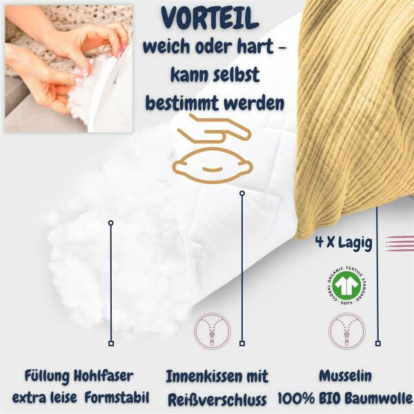Sei Design Stillkissen 190x30 XXL | Füllung Faserbällchen | Bezug 100% BIO-Baumwolle | Musselin Bernstein Fabrikverkauf