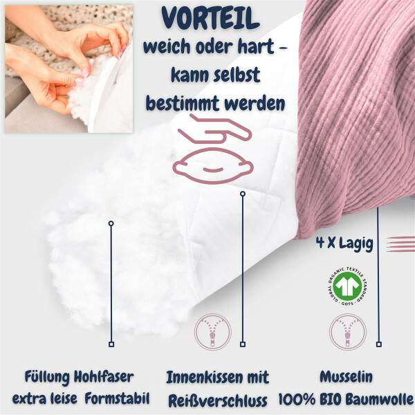 Sei Design Stillkissen 190x30 XXL | Füllung Faserbällchen | Bezug 100% BIO-Baumwolle | Musselin Berry Blush Meist gekauft
